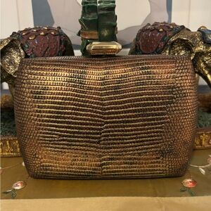 Vintage Gold-Toned Genuine Lizard Skin Clutch Bag With Chain Strap